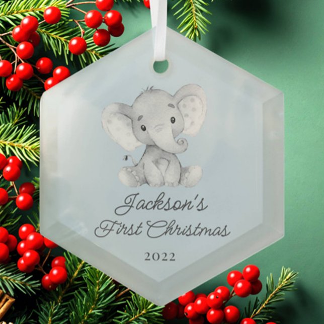 Cute Elephant Boys First Christmas Glass Ornament (Creator Uploaded)