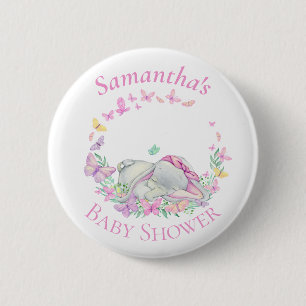 Cute Elephant Butterflies Pink Baby Shower Button