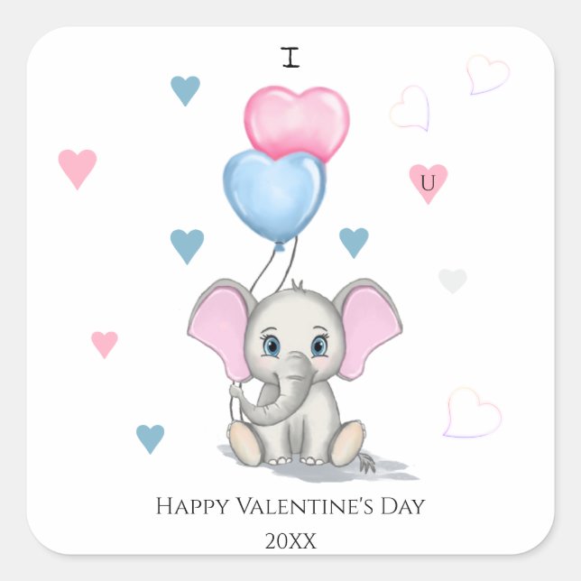 Cute Elephant Cartoon | Personalized Valentine's S Square Sticker (Front)