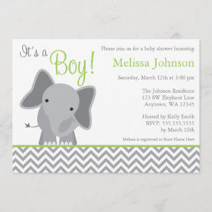 Cute Elephant Chevron Green Baby Shower Invitation