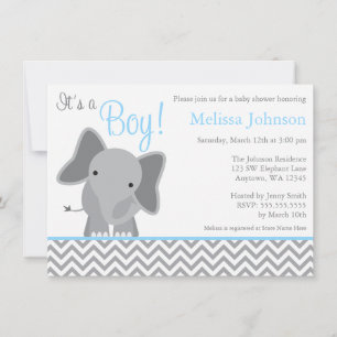 Cute Elephant Chevron Light Blue Baby Shower Invitation