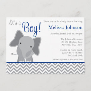 Cute Elephant Chevron Navy Blue Baby Shower Invitation