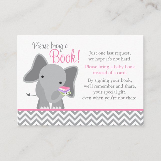 Cute Elephant Chevron Pink Baby Shower Book Card (Front)