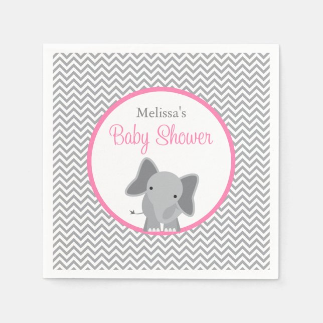 Cute Elephant Chevron Pink Baby Shower Napkin (Front)