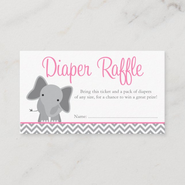 Cute Elephant Chevron Pink Diaper Raffle Ticket Enclosure Card (Front)