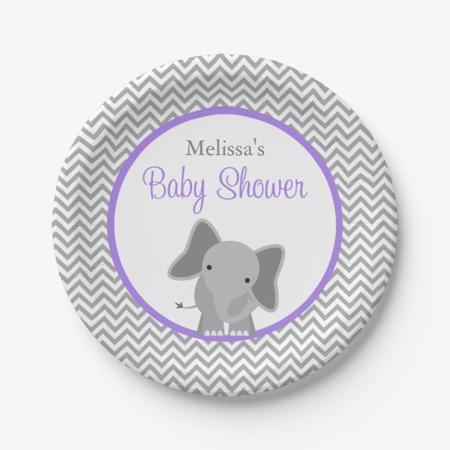Cute Elephant Chevron Purple Baby Shower Paper Plate (Front)