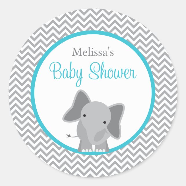 Cute Elephant Chevron Teal Baby Shower Classic Round Sticker (Front)