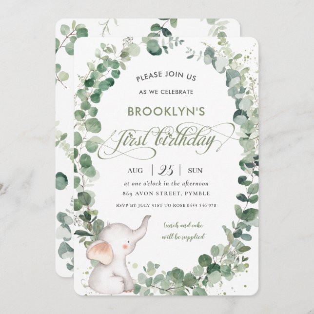 Cute Elephant Chic Greenery 1st First Birthday Invitation (Front/Back)