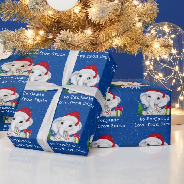 Cute Elephant Child Name Love From Santa Christmas Wrapping Paper (Holidays)