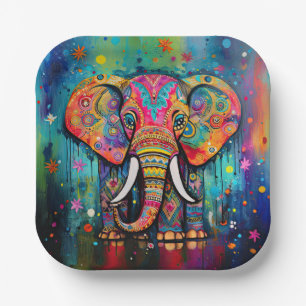 Cute Elephant Colourful Funky Mixed Media Animal Paper Plate