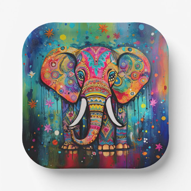 Cute Elephant Colourful Funky Mixed Media Animal Paper Plate (Front)