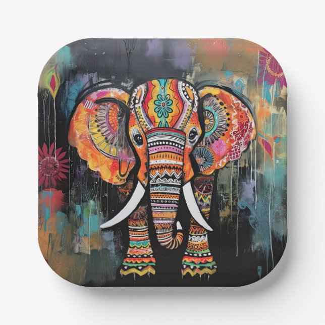 Cute Elephant Colourful Funky Mixed Media Animal Paper Plate (Front)