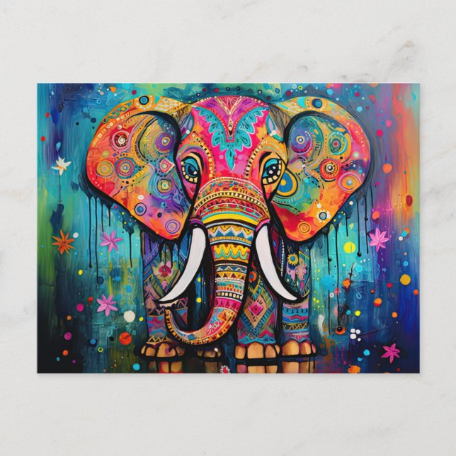 Cute Elephant Colourful Funky Mixed Media Animal Postcard (Front)