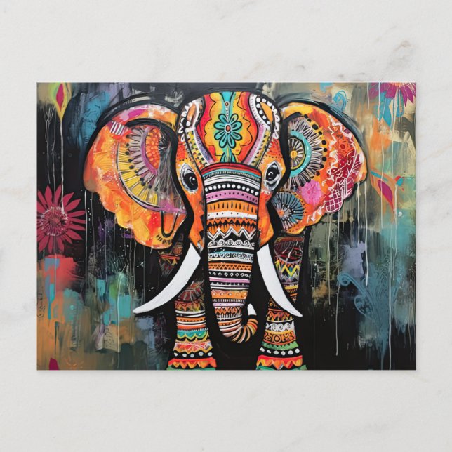 Cute Elephant Colourful Funky Mixed Media Animal Postcard (Front)