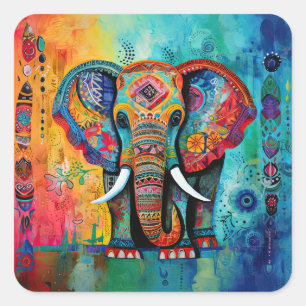 Cute Elephant Colourful Funky Mixed Media Animal Square Sticker