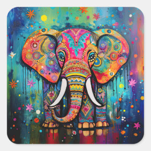 Cute Elephant Colourful Funky Mixed Media Animal Square Sticker