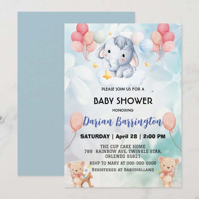 Cute elephant cub Bear baby shower kids boys Invitation (Front/Back)
