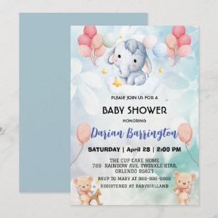 Cute elephant cub Bear baby shower kids boys Invitation