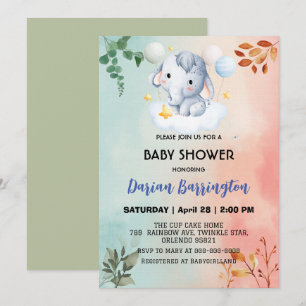 Cute elephant cub flowers baby shower kids boys invitation