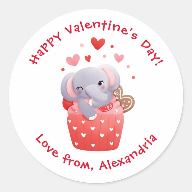 Cute Elephant Cupcake Custom Kids Valentine's Day Classic Round Sticker (Front)