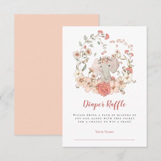 Cute Elephant Diaper Raffle Peach Baby Shower Enclosure Card (Front/Back)