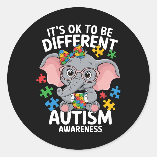 Cute Elephant Different Autism Awareness Puzzles  Classic Round Sticker (Front)
