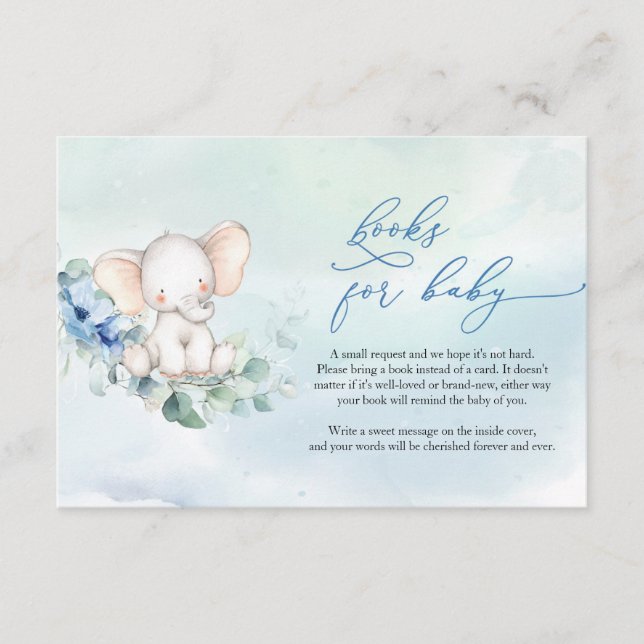 Cute Elephant Dusty Blue Floral Book Request Enclosure Card (Front)