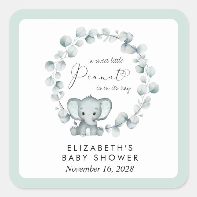 Cute Elephant Eucalyptus Baby Shower Square Sticker (Front)