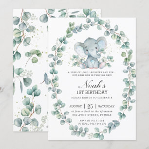Cute Elephant Eucalyptus Greenery Birthday Boy Invitation