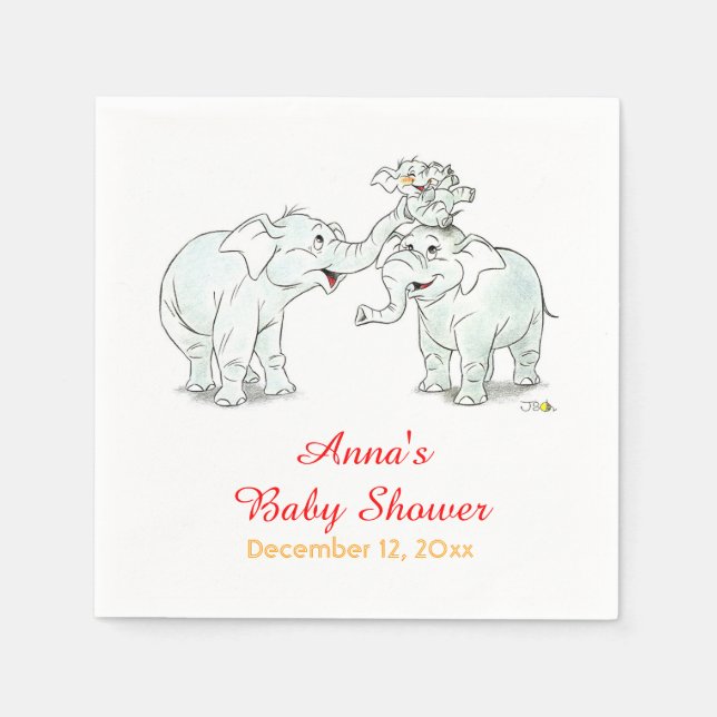 cute elephant family cartoon baby shower napkin (Front)