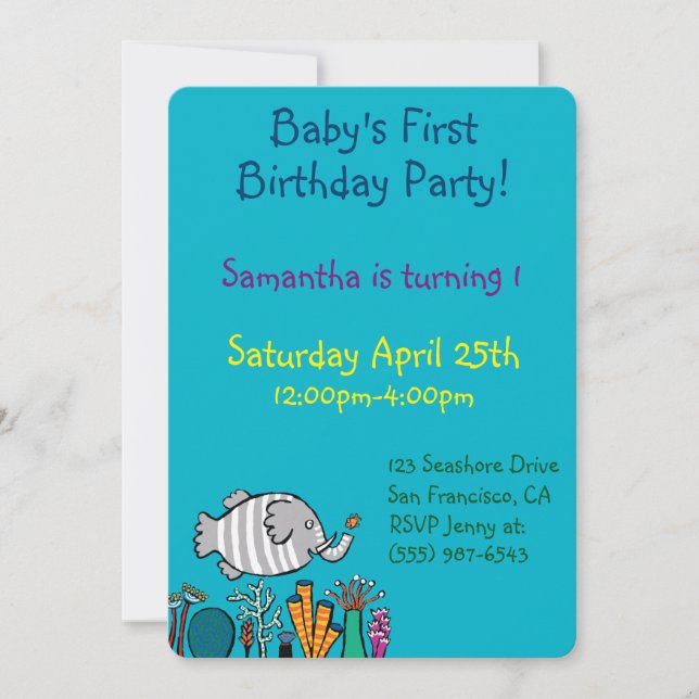 Cute Elephant Fish Scene with Coral Invitation (Front)