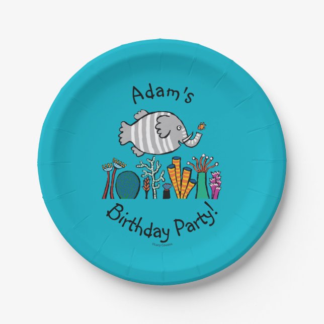 Cute Elephant Fish Scene with Coral Paper Plate (Front)