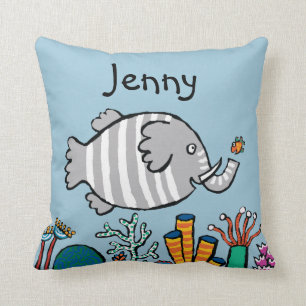 Cute Elephant Fish Scene with Coral Throw Pillow