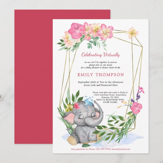 Cute Elephant Floral Geometric Virtual Baby Shower Invitation (Front/Back)