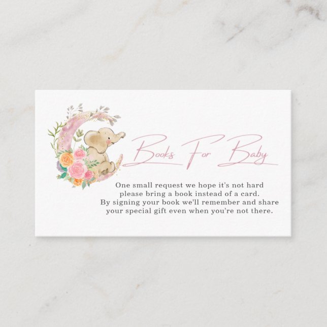 Cute Elephant Floral Moon Baby Shower Book Request Enclosure Card (Front)