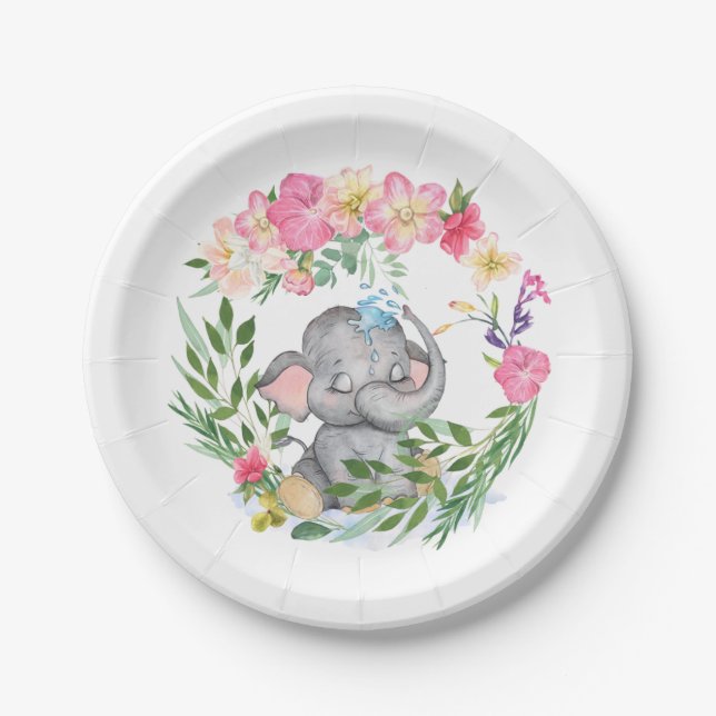 Cute Elephant Florals Foliage Pink Baby Shower Paper Plate (Front)