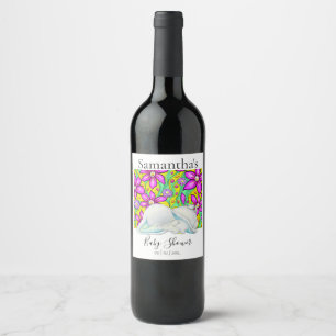 Cute Elephant Flowers Baby Shower  Wine Label