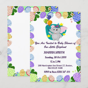 Cute Elephant Flying Balloons Baby Shower Invitation