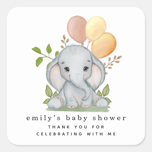 Cute Elephant Gender Neutral Baby Shower Square Sticker (Front)
