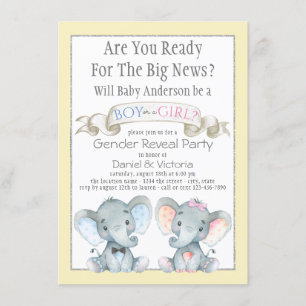 Cute Elephant Gender Reveal Baby Shower Invitation