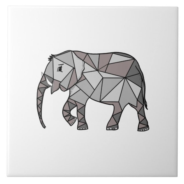 Cute Elephant Geometric Black and White Tile (Front)