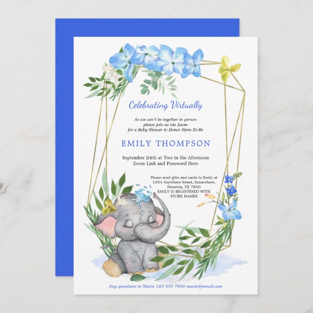 Cute Elephant Geometric Blue Virtual Baby Shower Invitation (Front/Back)