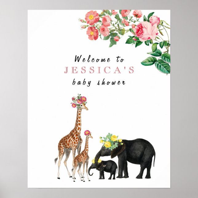 Cute Elephant & Giraffe Baby Shower Welcome Sign (Front)