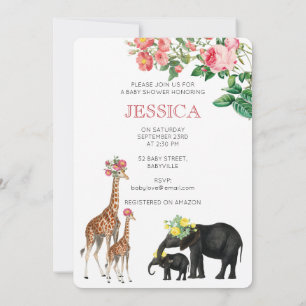 Cute Elephant & Giraffe Floral Baby Girl Shower Invitation