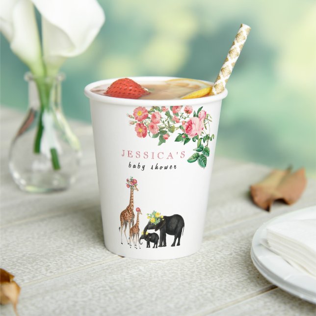 Cute Elephant & Giraffe Floral Baby Shower Girl  Paper Cups (Insitu)