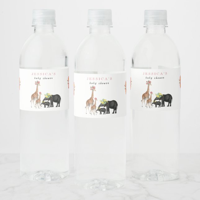 Cute Elephant & Giraffe Floral Baby Shower Girl Water Bottle Label (Bottles)