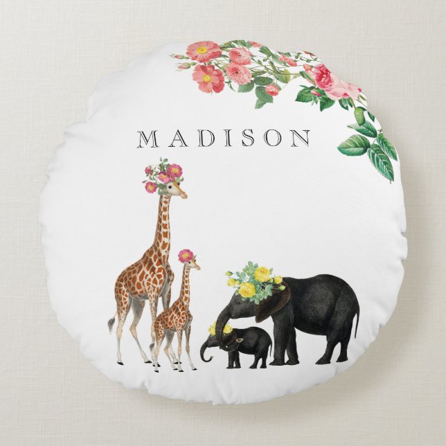 Cute Elephant & Giraffe Floral Custom Baby Name Round Pillow (Front)