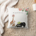 Cute Elephant & Giraffe Floral Custom Baby Name Throw Pillow<br><div class="desc">Beautiful vintage illustrations of jungle animals and floral rose accents. A mom and baby giraffe lavished with pink roses together with a mom and baby elephant again lavished with yellow roses. Botanical pink roses positioned in the corner with customized name positioned in the middle. Customize the name and make it...</div>