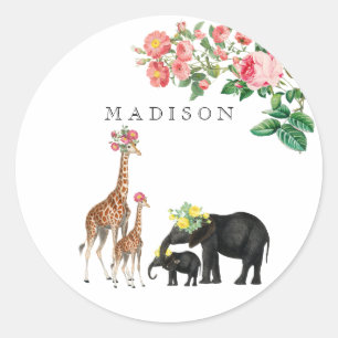 Cute Elephant & Giraffe Floral Custom Name Classic Round Sticker