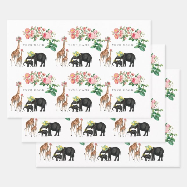 Cute Elephant & Giraffe Floral Custom Name  Wrapping Paper Sheet (Set)